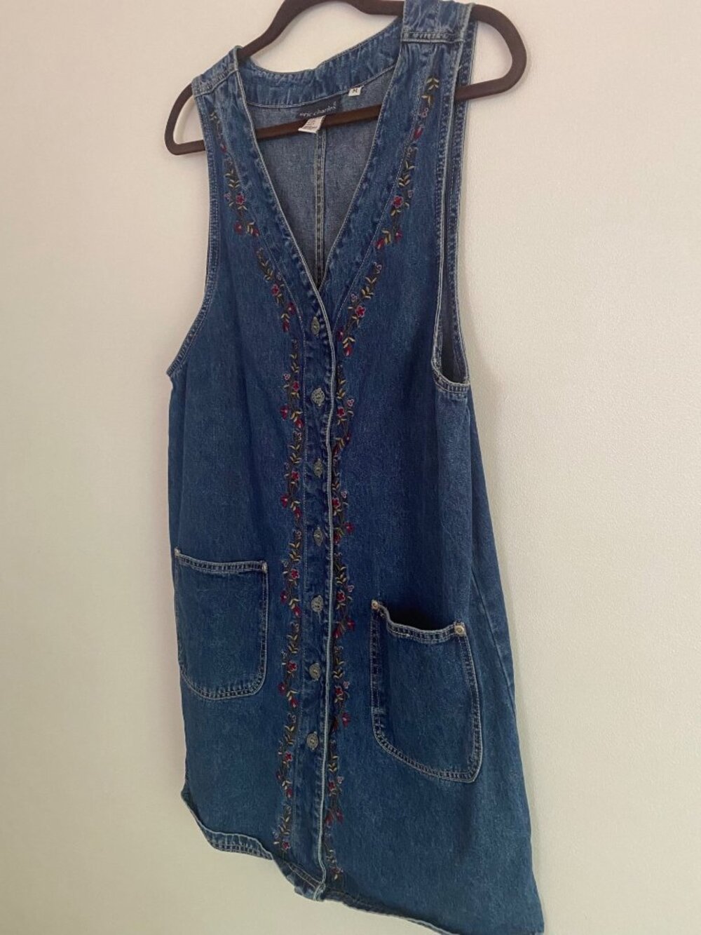 Vintage Eric Charles Denim Vest Dress With Floral Embroidery 100% Cotton Size M - Picture 3 of 6